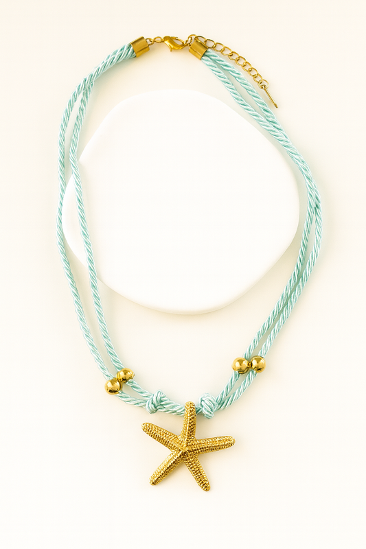 Collier Étoile Doré – Corde Torsadée Bleu