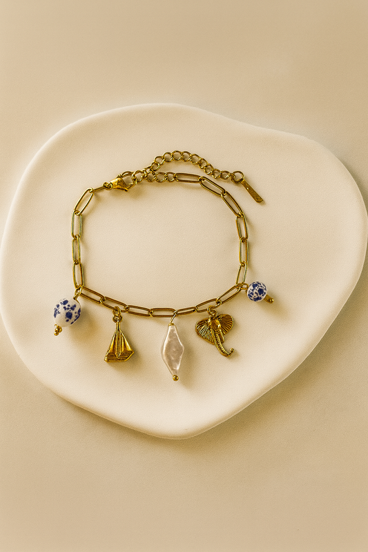 Bracelet Charms Dorés – Chaîne à Maillons & Perles Bleues